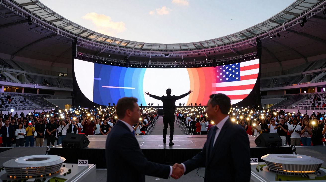 Evento em estádio com pessoas, telão com bandeiras da França e EUA, e duas pessoas apertando as mãos.
