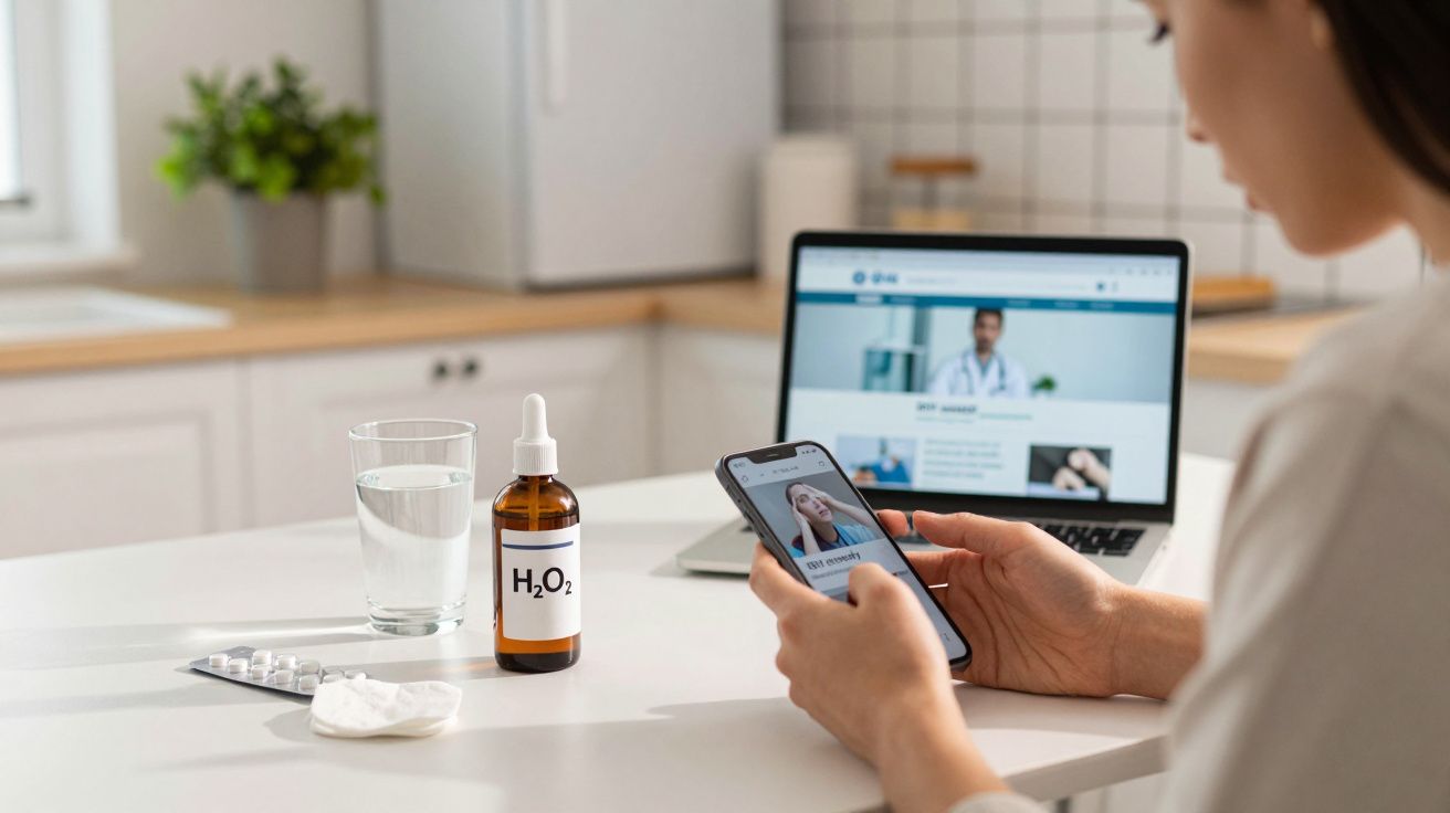 Pessoa segurando celular com chamada de vídeo médica, spray de H2O2, remédios e copo d'água sobre mesa.