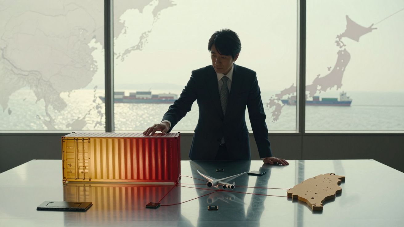 Homem de terno observando modelo de container, avião e mapa sobre mesa em escritório com janela panorâmica.