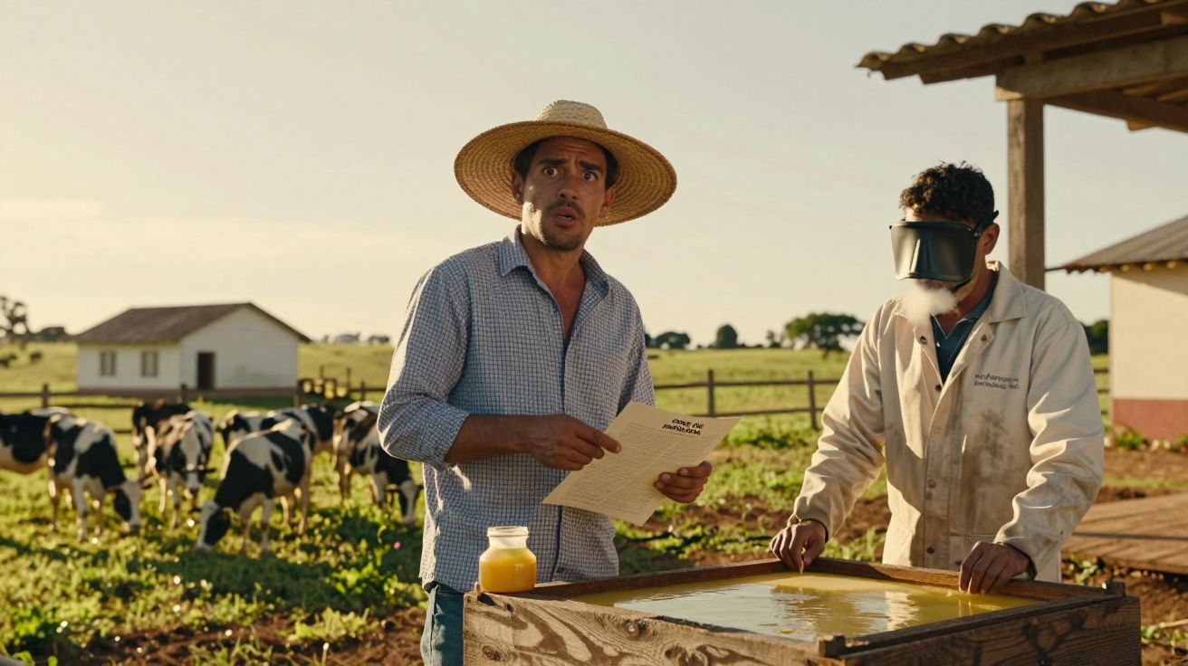 Produtores rurais em campo aberto com vacas, analisando documentos e máquina de produção rural.