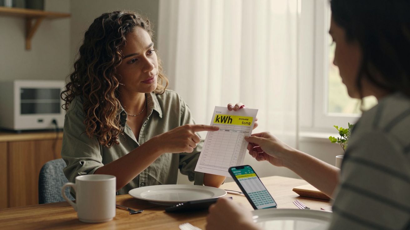 Mulher mostrando conta de energia elétrica para outra em mesa de jantar com pratos e canecas.