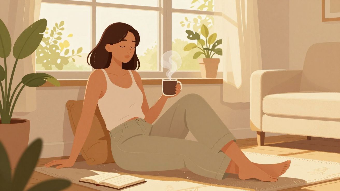 Mulher sentada no chão junto à janela, relaxando com uma xícara de bebida quente e livro aberto próximo.