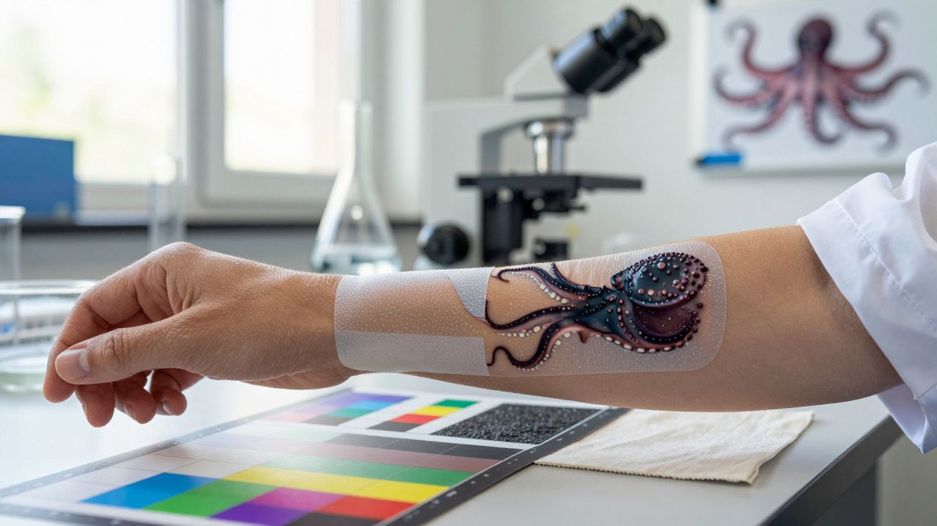 Braço com curativo decorado com tatuagem de polvo em ambiente de laboratório com microscópio ao fundo.