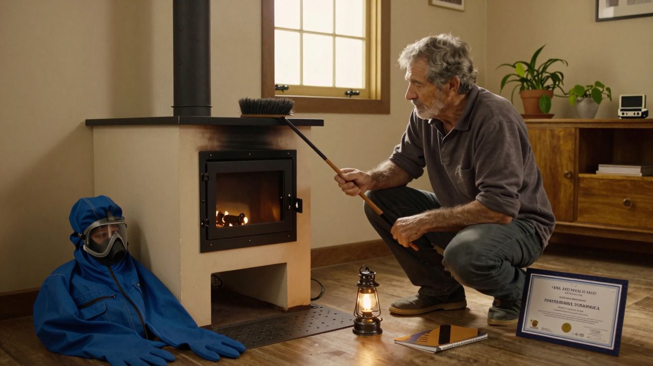Homem idoso limpa a lareira ao lado de um manequim com roupa de proteção azul.