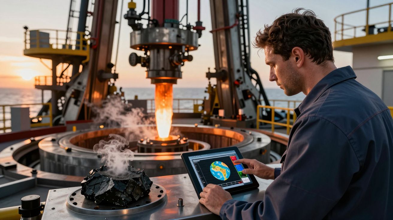 Homem operando tablet com dados geológicos em plataforma de exploração offshore ao pôr do sol.