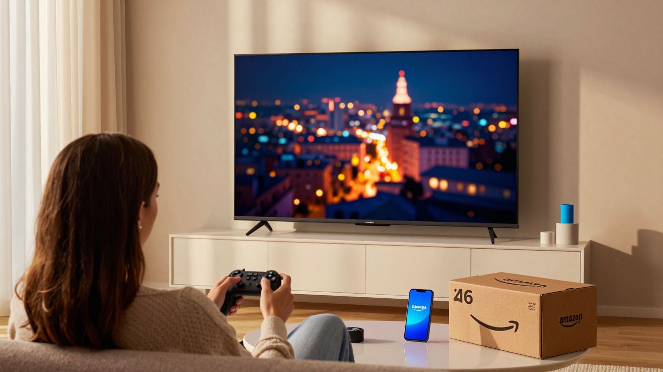 Mulher joga videogame sentada no sofá, com TV, caixa da Amazon e celular sobre mesa na sala.