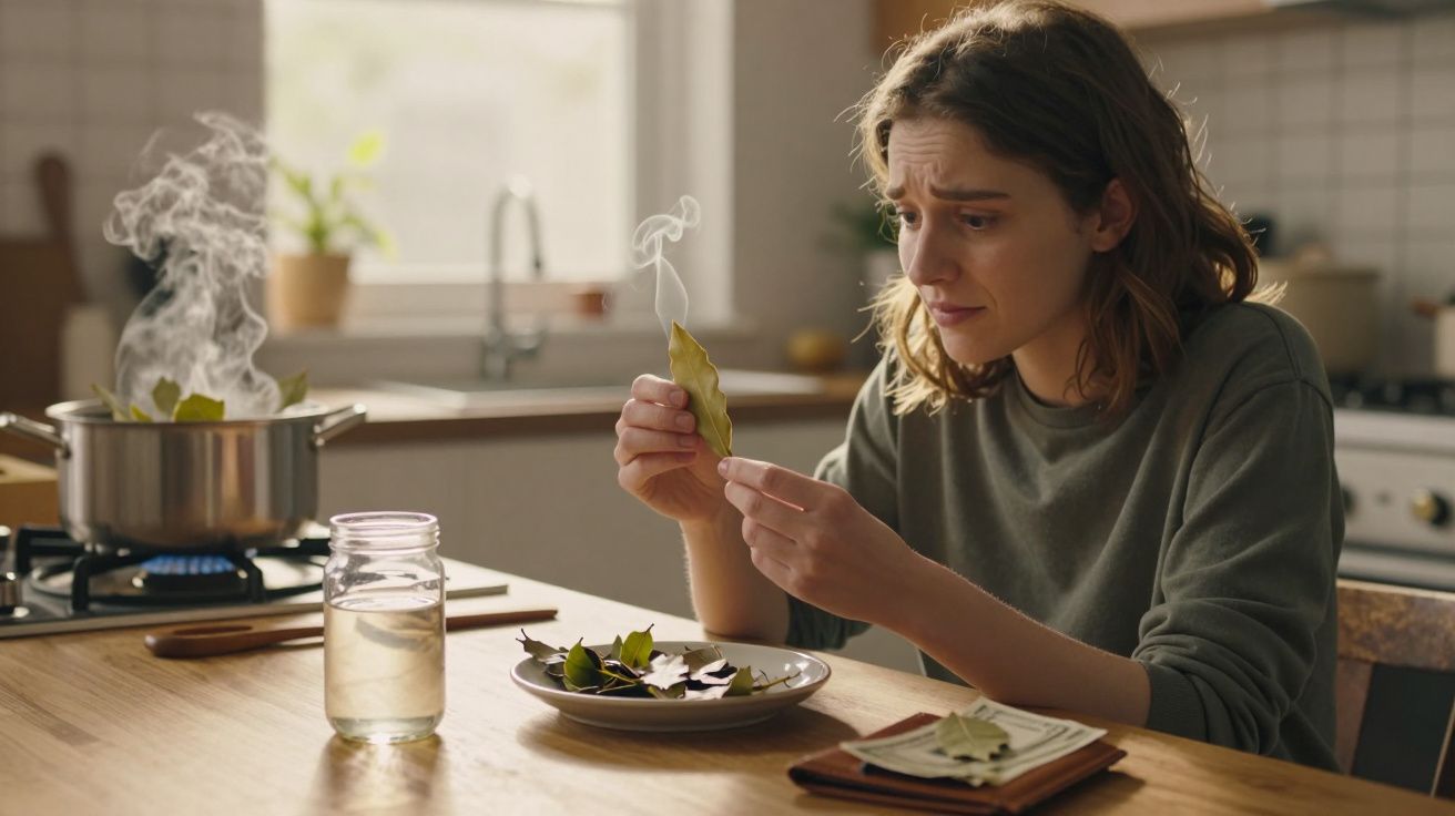 Mulher preocupada segurando folhas de louro na cozinha com panela fumegante ao fundo.