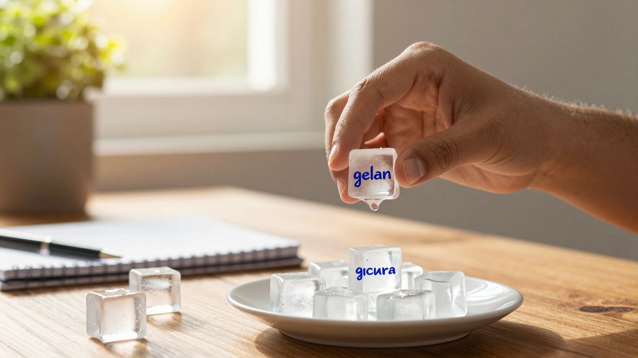 Mão segurando cubo de gelo com palavra escrita, acima de prato com mais cubos de gelo e caderno sobre mesa.