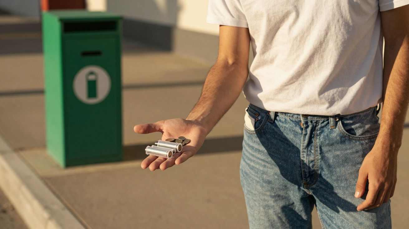 Pessoa segurando pilhas usadas em frente a lixo seletivo para descarte correto na calçada.