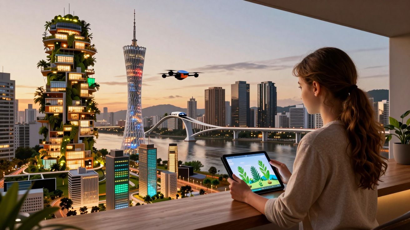 Mulher olhando paisagem urbana futurista à noite, controlando drone com tablet em varanda.