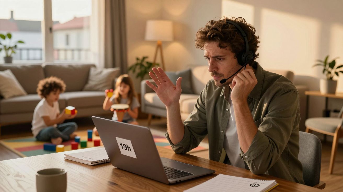 Homem trabalhando em home office com fone e laptop, enquanto duas crianças brincam ao fundo na sala.
