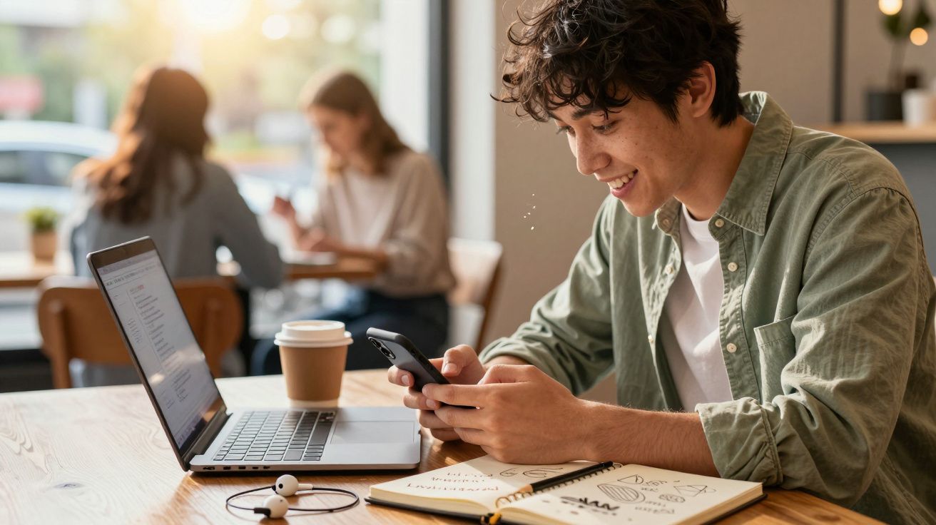 Jovem sorridente usando celular em mesa com notebook, fone de ouvido, caderno e café em cafeteria.