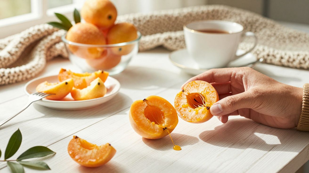 Mão segurando damasco cortado ao meio sobre mesa branca com frutas e xícara de chá ao fundo.