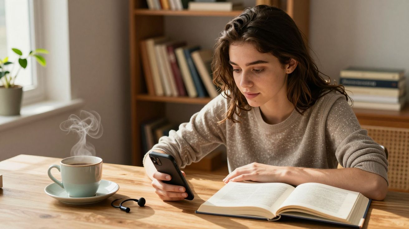 Mulher lendo livro e usando celular em mesa com xícara de chá e fones de ouvido.