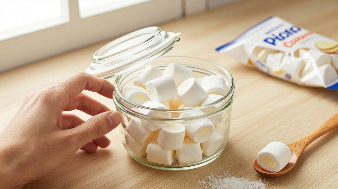 Mão abrindo pote de vidro com marshmallows brancos, colher de pau e embalagem no fundo sobre mesa de madeira.