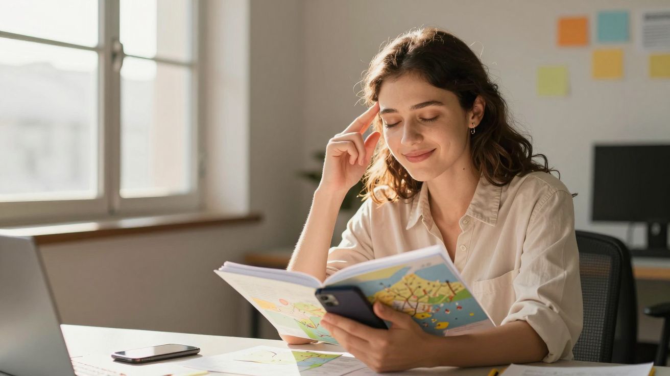 Mulher jovem lendo um livro de mapas enquanto segura um celular, sentada em escritório iluminado.