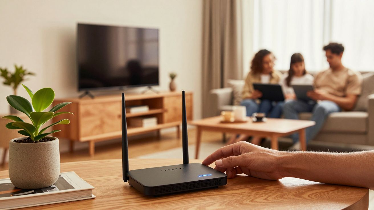 Mão ajusta roteador Wi-Fi em mesa, com família sentada no sofá ao fundo na sala de estar.