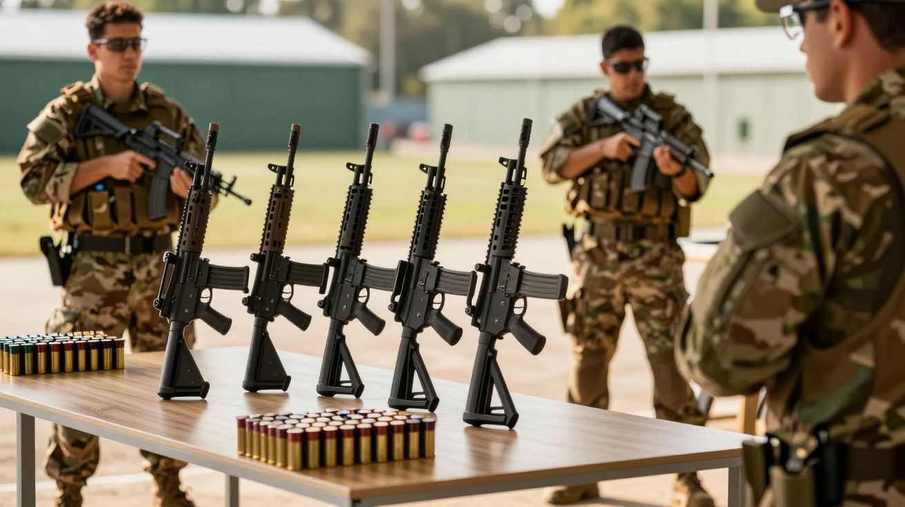 Soldados em uniforme camuflado com rifles automáticos e munição sobre mesa em ambiente aberto.