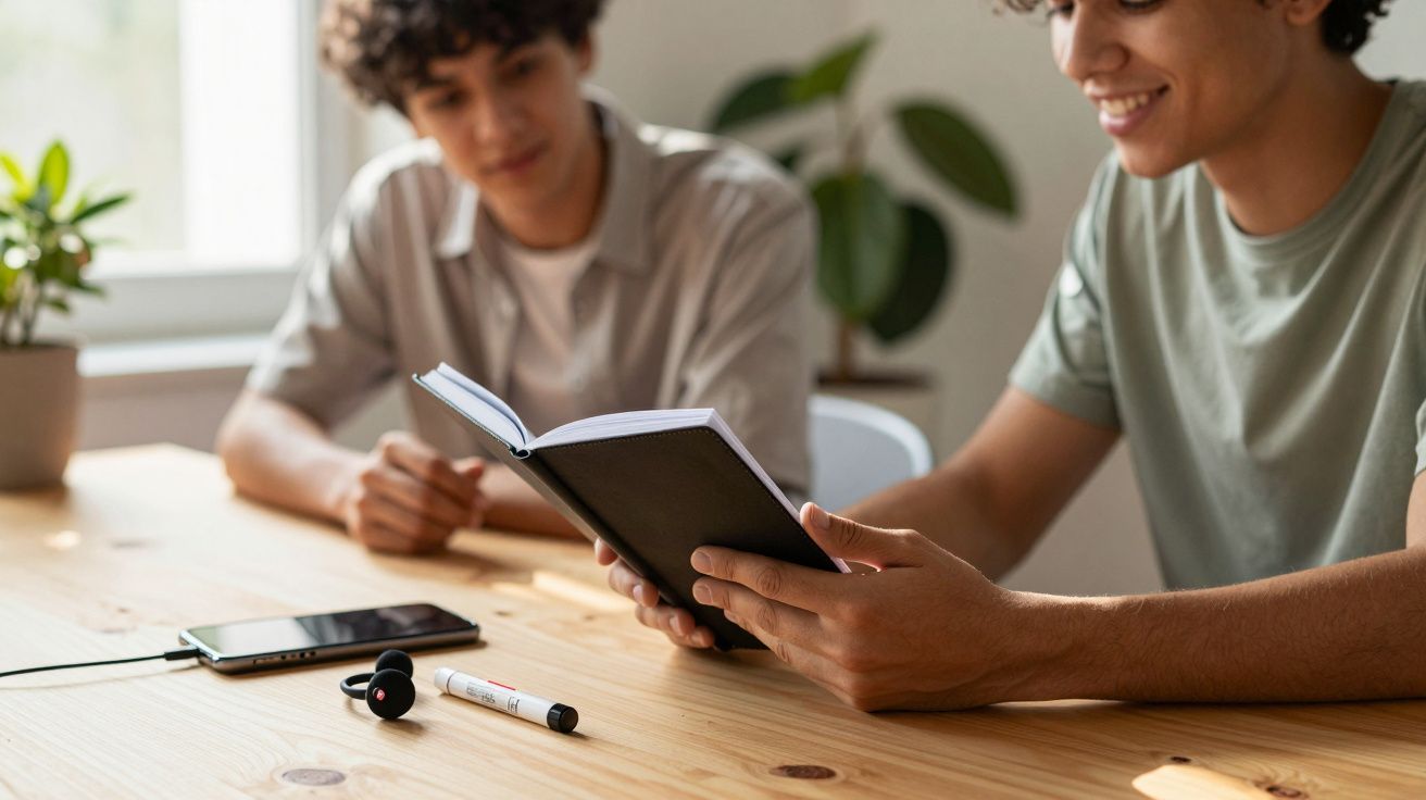 Dois jovens sentados à mesa, um lendo livro e outro ouvindo atentamente.
