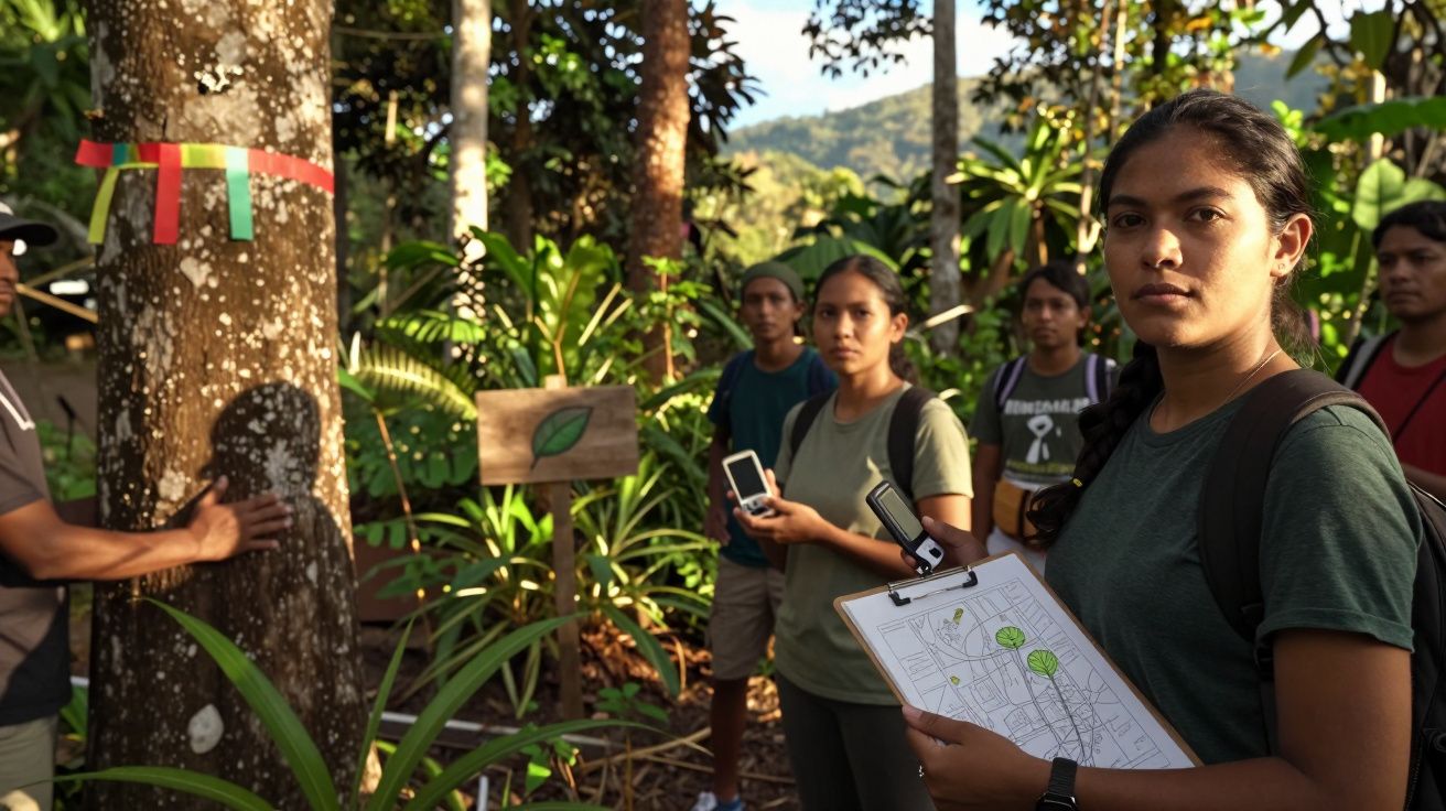 Jovens indígenas em área de floresta com prancheta, celular e fita vermelha em árvore para estudo ambiental.