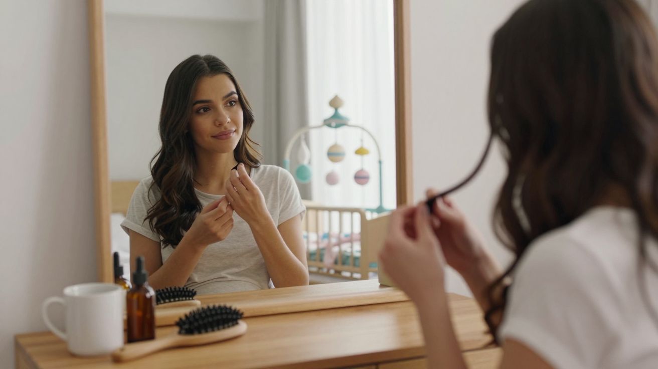 Mulher jovem penteando o cabelo em frente a um espelho em um quarto com berço ao fundo.