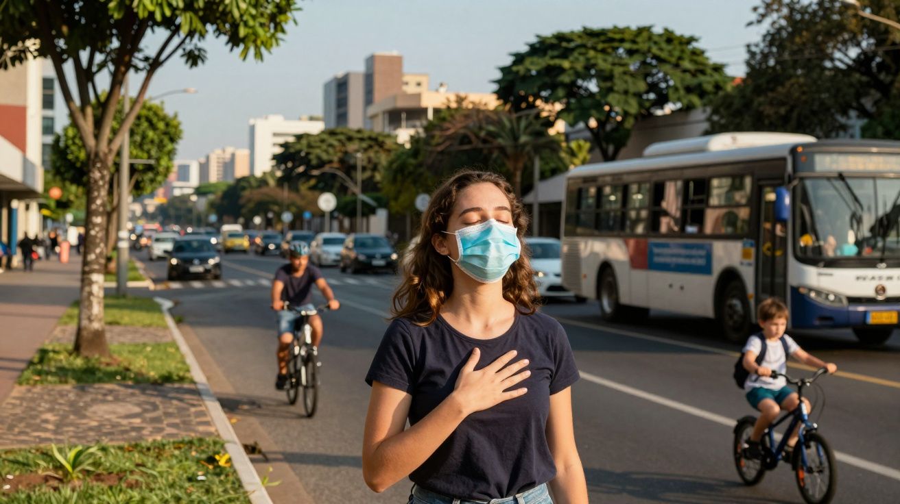 Jovem de máscara respirando fundo com a mão no peito em rua movimentada com ônibus e ciclistas.
