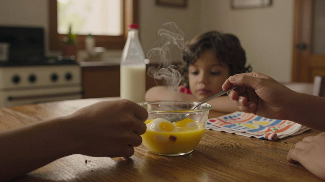 Criança observando tigela de ovos mexidos fumegantes na mesa com mãos segurando colher e garfo.
