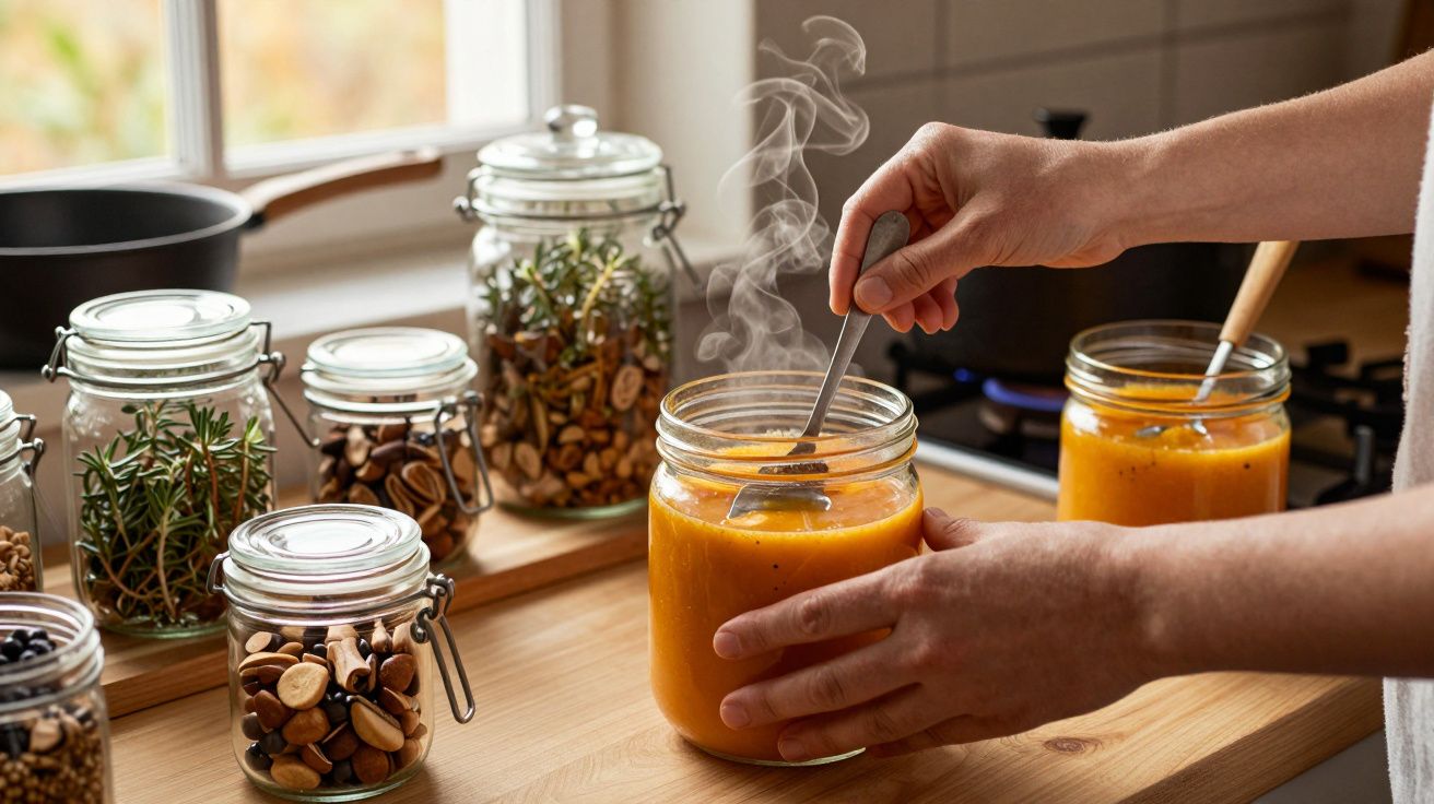 Pessoa mexendo sopa quente em pote de vidro com potes de temperos e ervas ao fundo na cozinha.