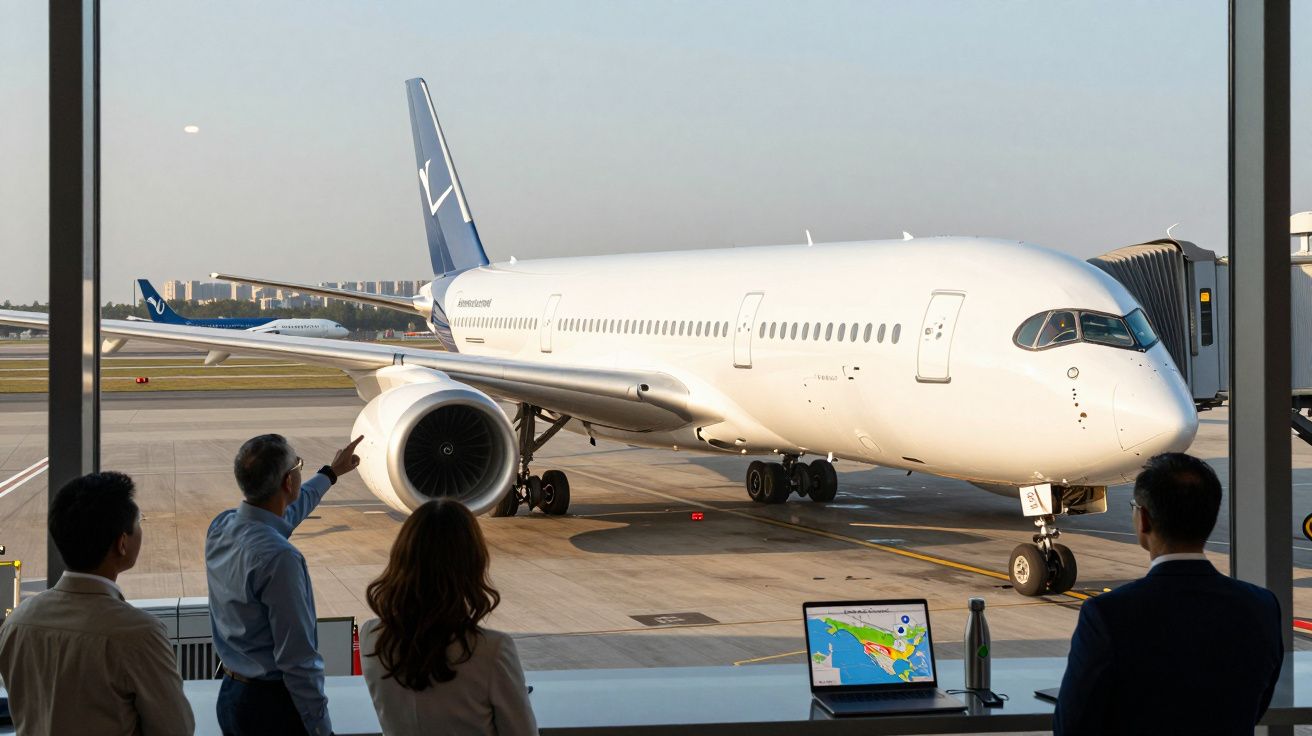Quatro pessoas observam aeronave branca estacionada em portão de aeroporto durante o dia.