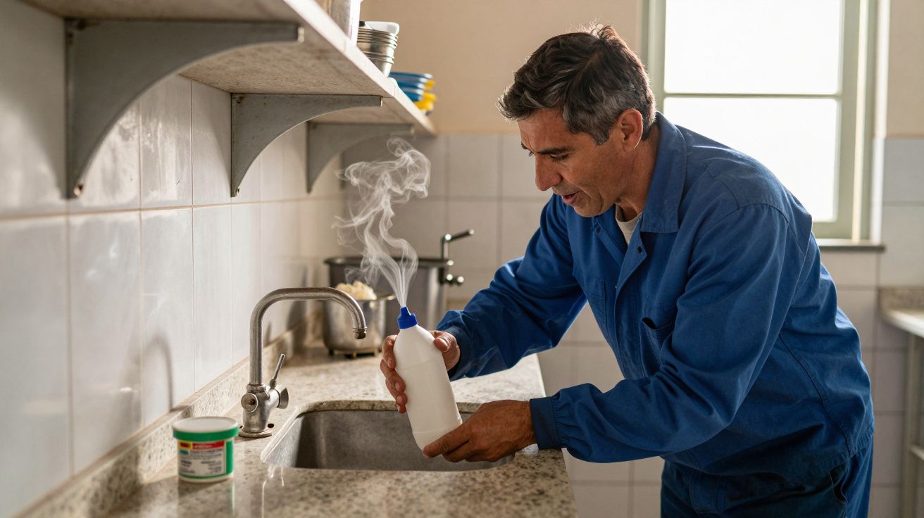 Homem de macacão azul segura garrafa com vapor sobre pia em cozinha clara.