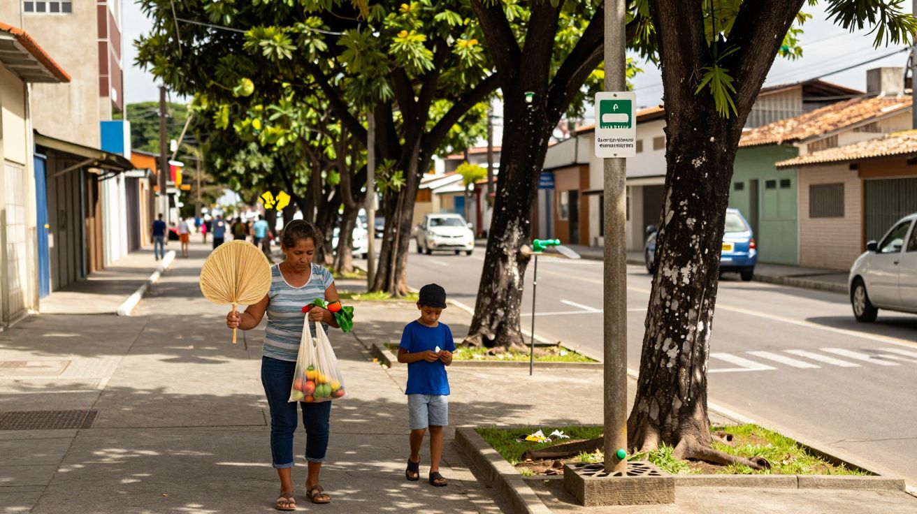 Mulher com leque e sacola de frutas caminha com criança por calçada arborizada em bairro residencial.