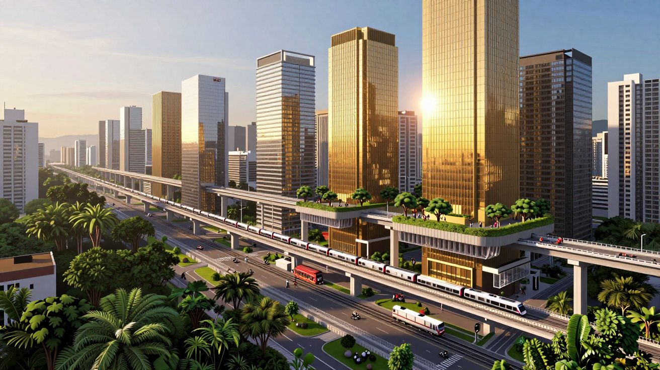 Vista urbana com superfície verde, trens elevados e edifícios altos ao pôr do sol.