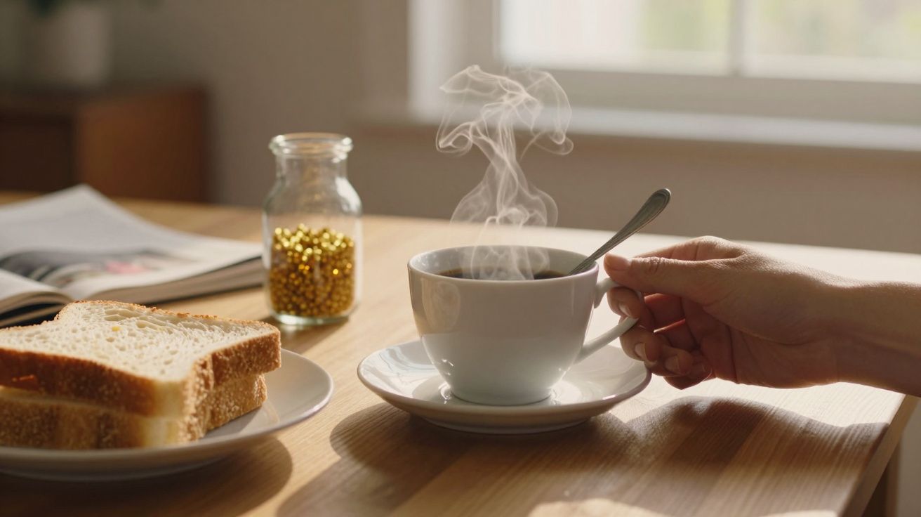Mão segurando xícara de café fumegante com colher, pão e frasco de grãos dourados sobre mesa de madeira.