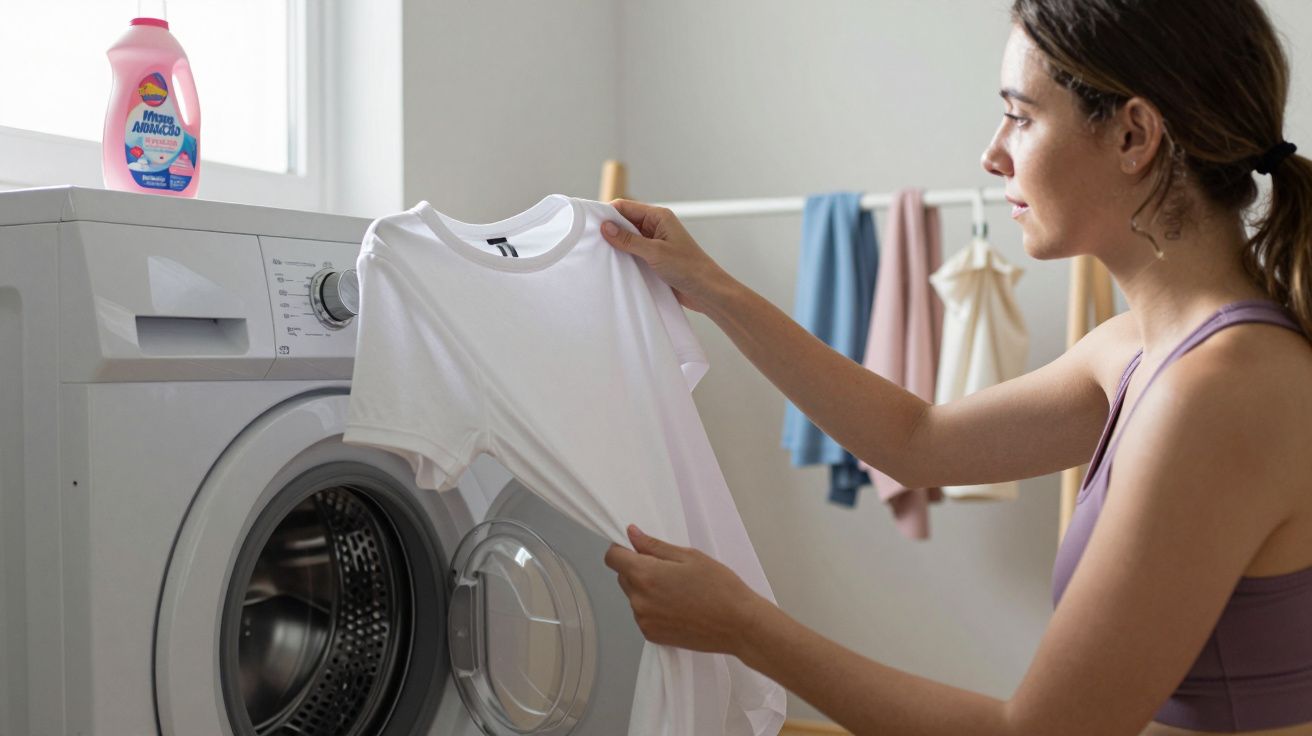 Mulher tirando camiseta branca da máquina de lavar roupa em lavanderia iluminada.