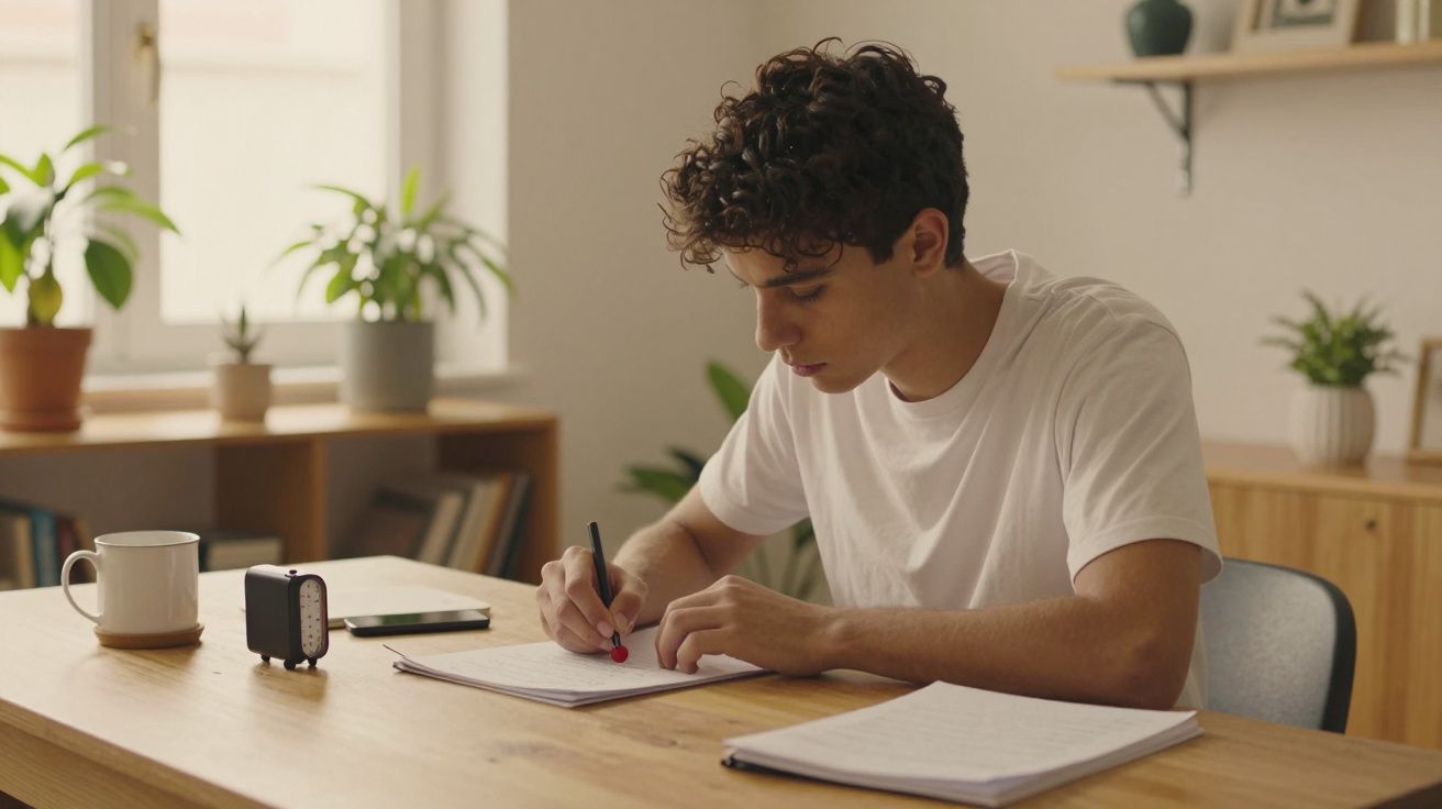 Jovem sentado à mesa escrevendo em caderno com caneca, relógio e plantas ao fundo.