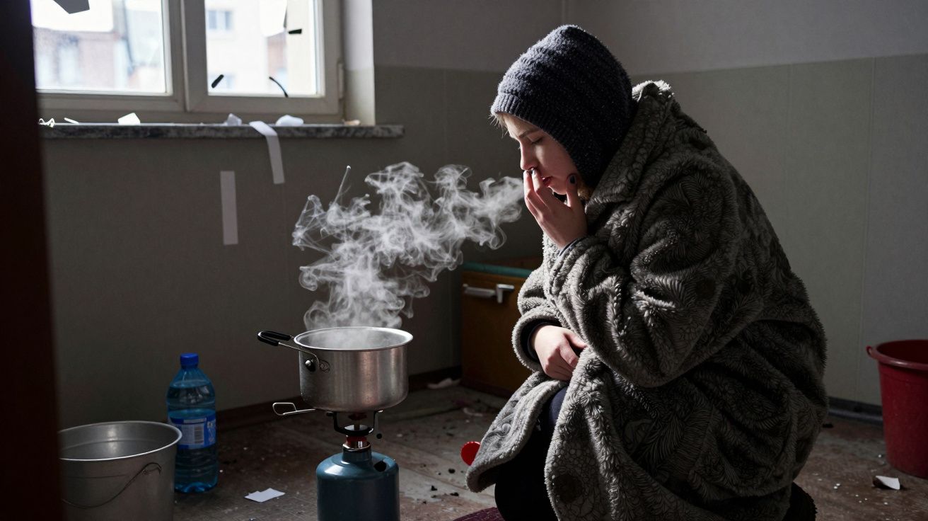 Pessoa agasalhada sentada perto de fogareiro com panela fervendo em ambiente simples e pouco iluminado.