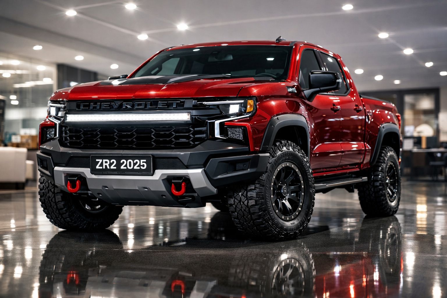 Picape Chevrolet ZR2 2025 vermelha em showroom com pneus off-road e detalhes em preto e cinza.