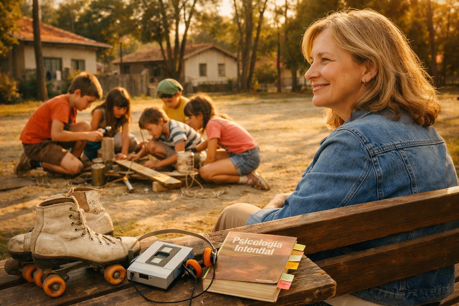 Mulher sorridente sentada em banco observa crianças brincando ao ar livre em tarde ensolarada.