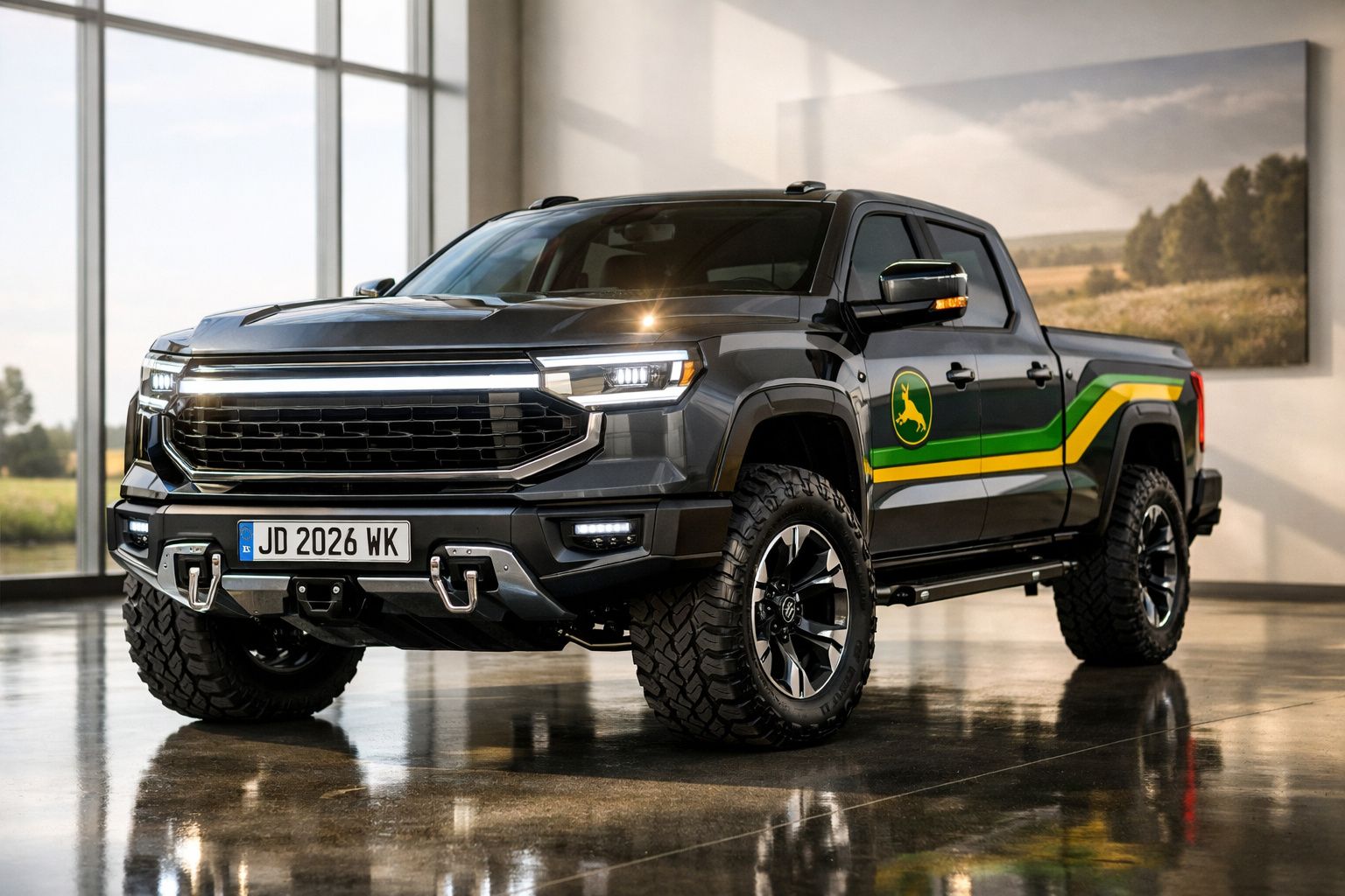 Picape preta com detalhes verdes e amarelos, rodas grandes, em ambiente interno iluminado.