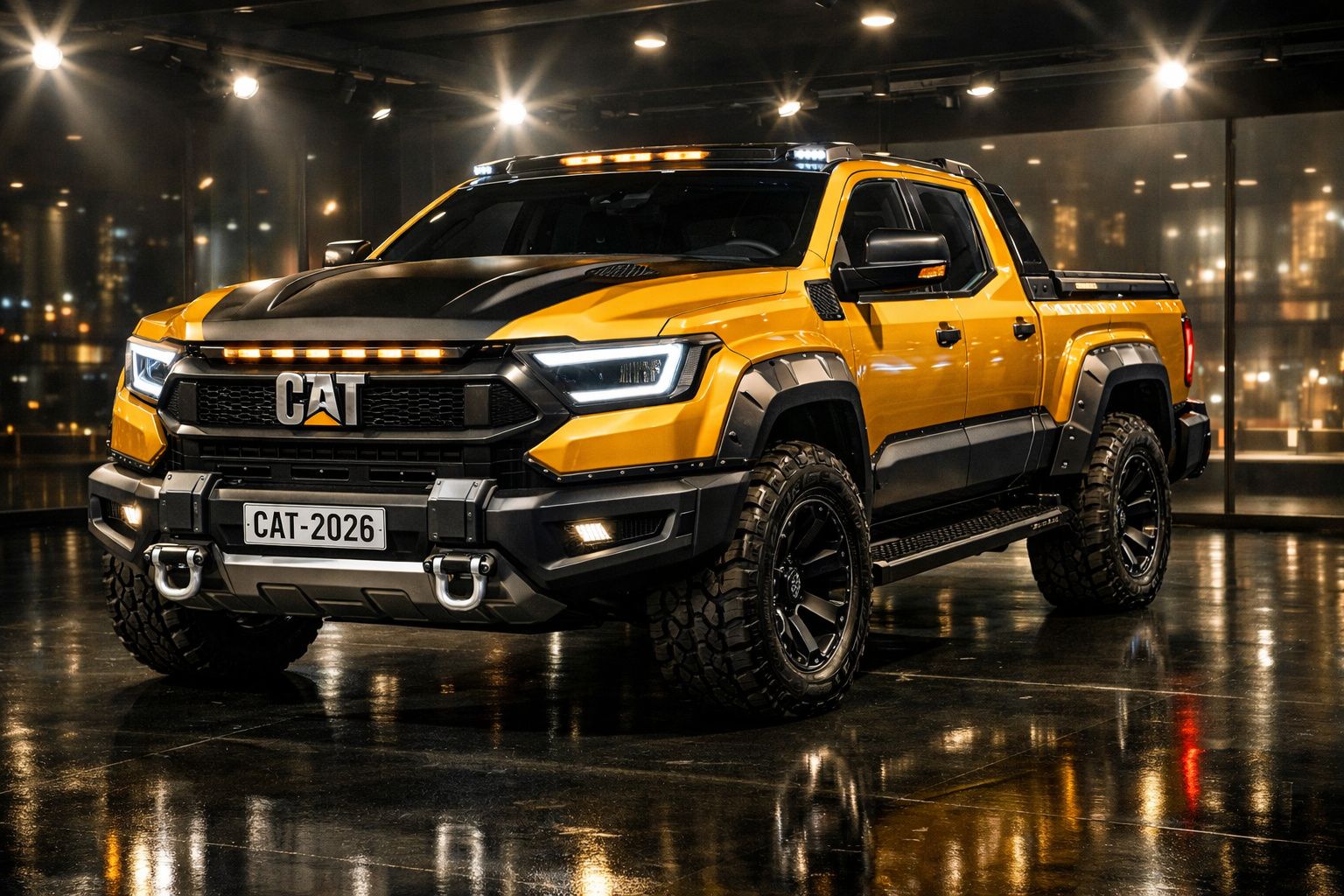 Picape amarela robusta CAT 2026 com design moderno e faróis de LED em ambiente interno iluminado.