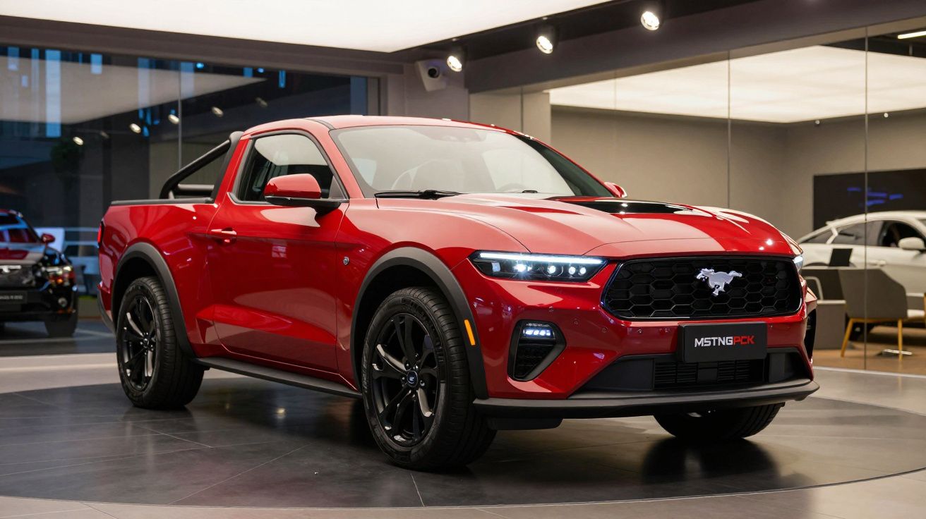 Picape Ford Mustang Mach 1 vermelha em exposição interna com rodas pretas e faróis acesos.