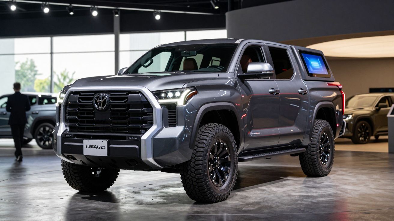 Carro Toyota Tundra 2025 cinza em exposição com pneus robustos dentro de showroom.