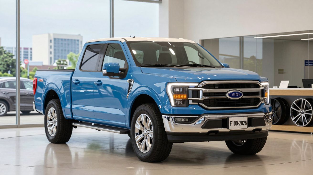Picape azul Ford F-150 2026 em showroom moderno com teto alto e janelas amplas.