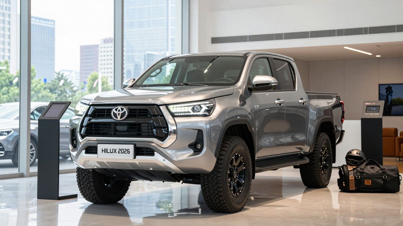 Picape Toyota Hilux 2026 cinza exposta em showroom moderno com bolsa e capacete ao lado.