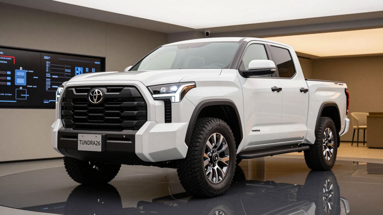 Picape Toyota Tundra branca exibida em ambiente interno com iluminação moderna.