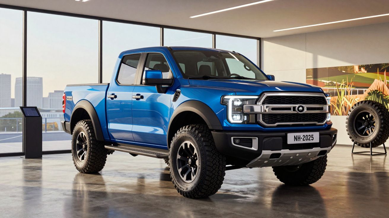 Picape azul moderna estacionada em ambiente interno com grandes janelas e luz natural.