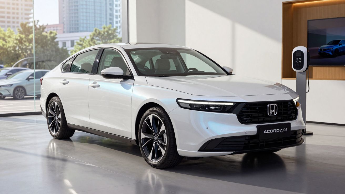Carro branco Honda Accord 2023 estacionado em ambiente interno moderno com carregador elétrico ao lado.