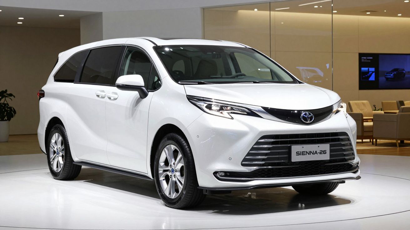 Van branca Toyota Sienna 2023 em exposição interna com design moderno e elegante.