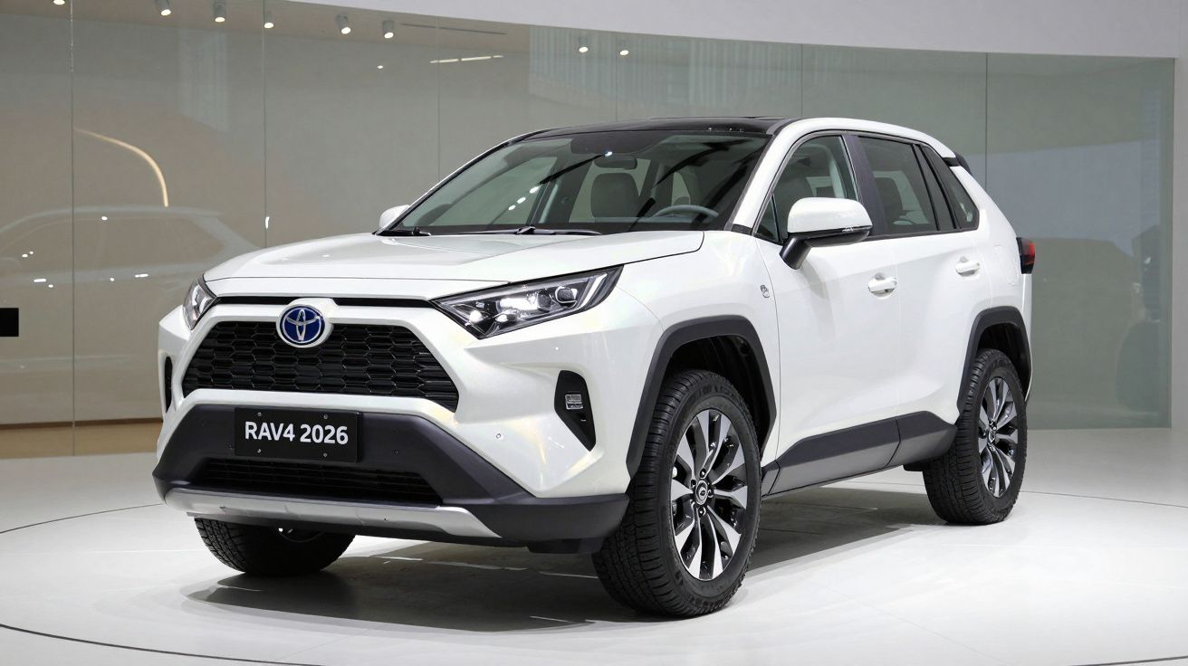 SUV Toyota RAV4 branco 2026 exposto em ambiente interno moderno.