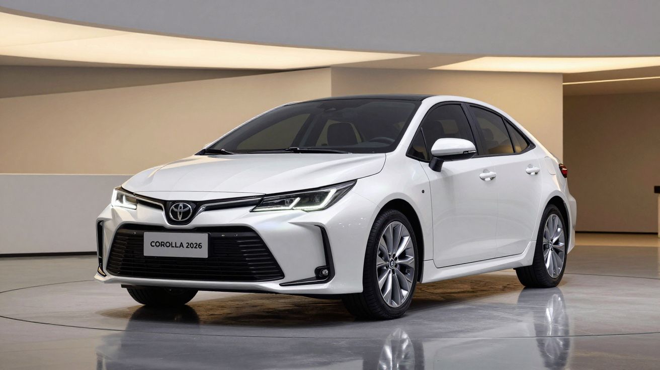 Carro Toyota Corolla 2026 branco em ambiente interno com piso brilhante e iluminação suave.